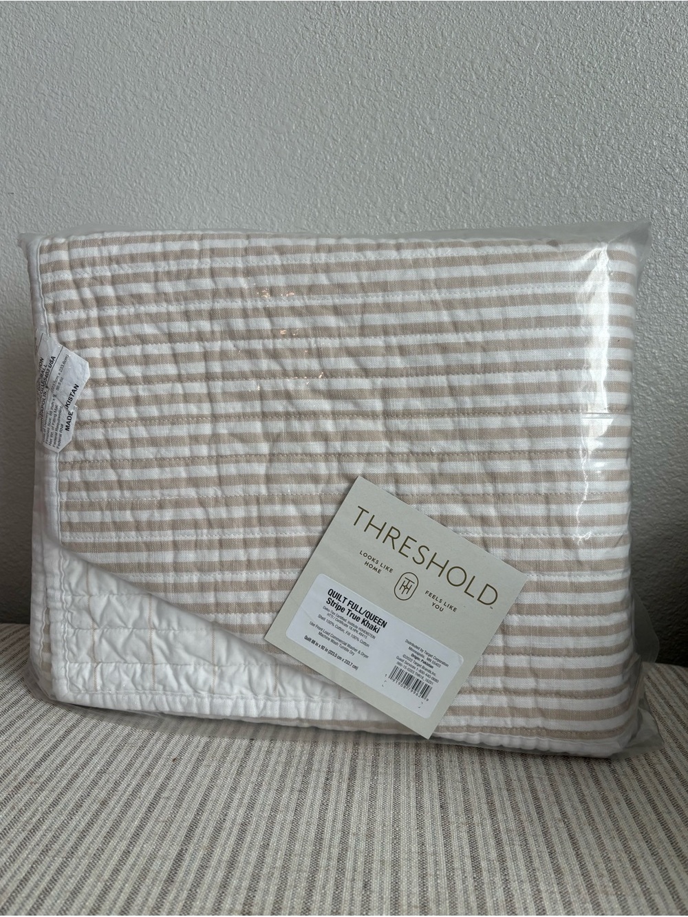 NWT Full/Queen Reversible Cotton Stripe Quilt Khaki - Threshold